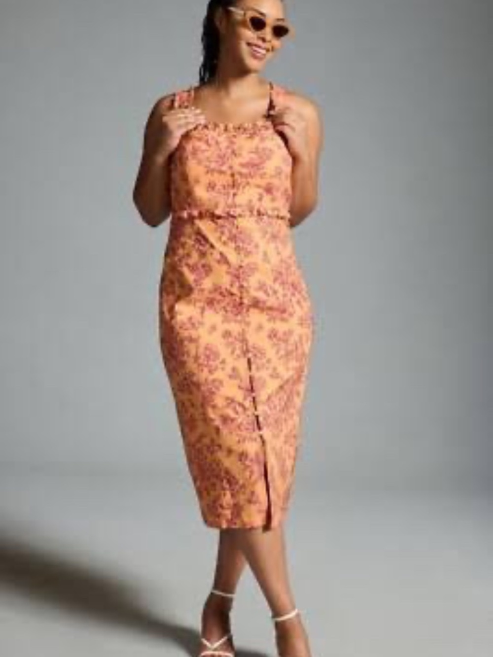 Anthropologie Linden Slim Square Neck Ruffle  Dress, Orange Floral, L, NWT